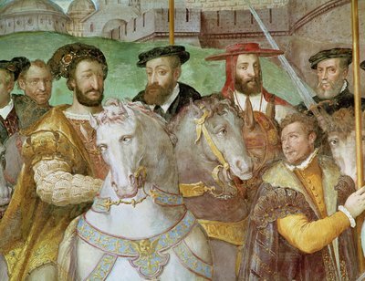 Detail van De plechtige intocht van keizer Karel V (1500-58), Frans I (1494-1547) en Alessandro Farnese (1546-92) in Parijs in 1540, uit de 